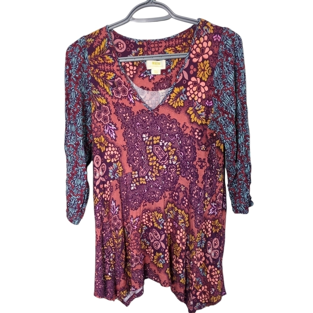 Maeve‎ by Anthropologie Mariella Floral V-Neck Tunic Small Asymmetrical Hem Sz S